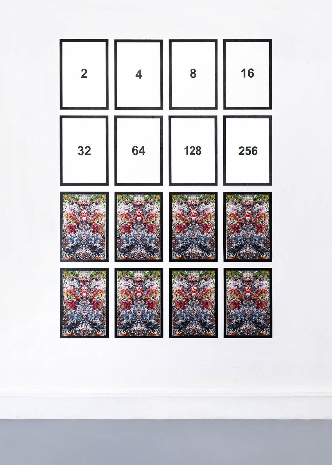 An artgame as a capitalistic ritual — a grid of framed prints doubling from 2 to 512