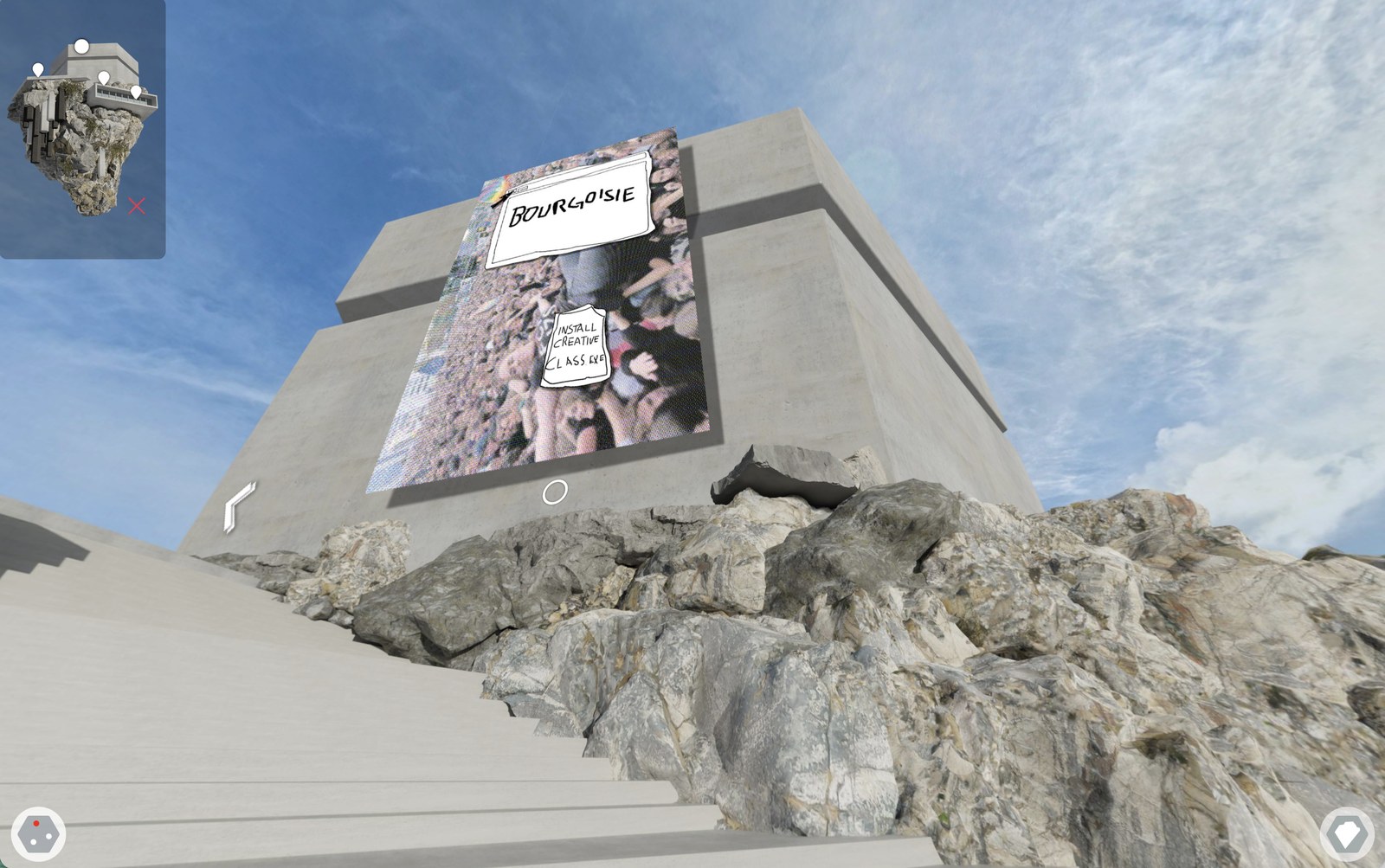 The building facade carrying the work BOURGOISIE / Install Creative Class.exe above the rocks
