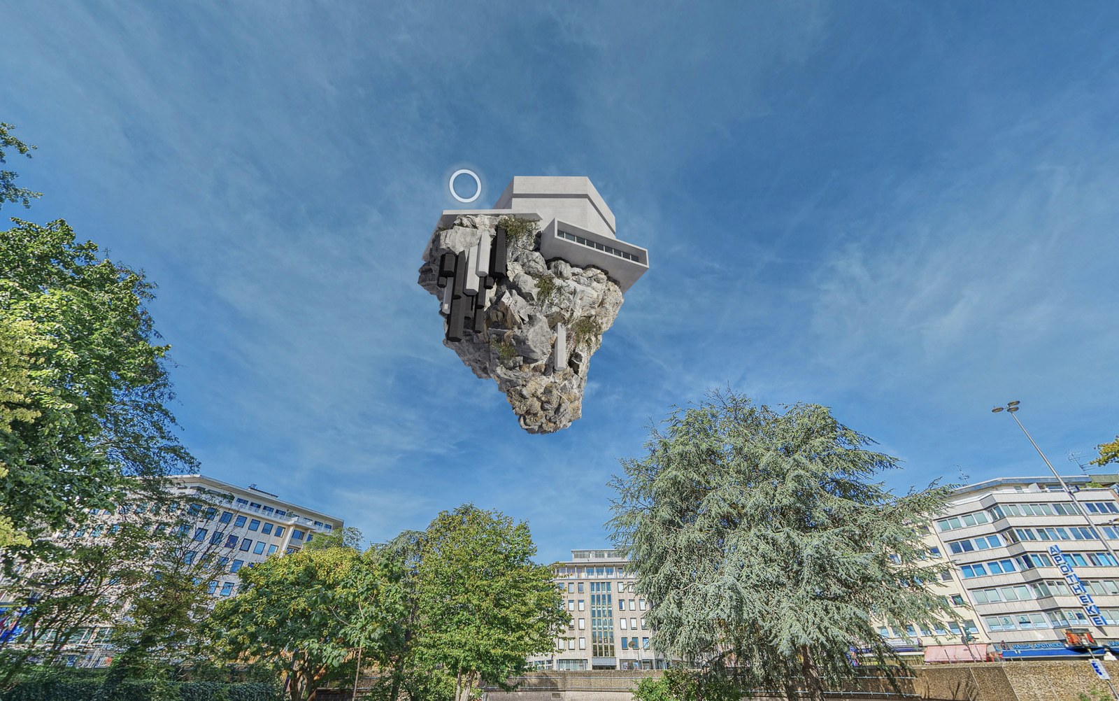 The virtual kunsthalle.köln as a rock carrying architecture, floating in the sky above Ebertplatz in Cologne