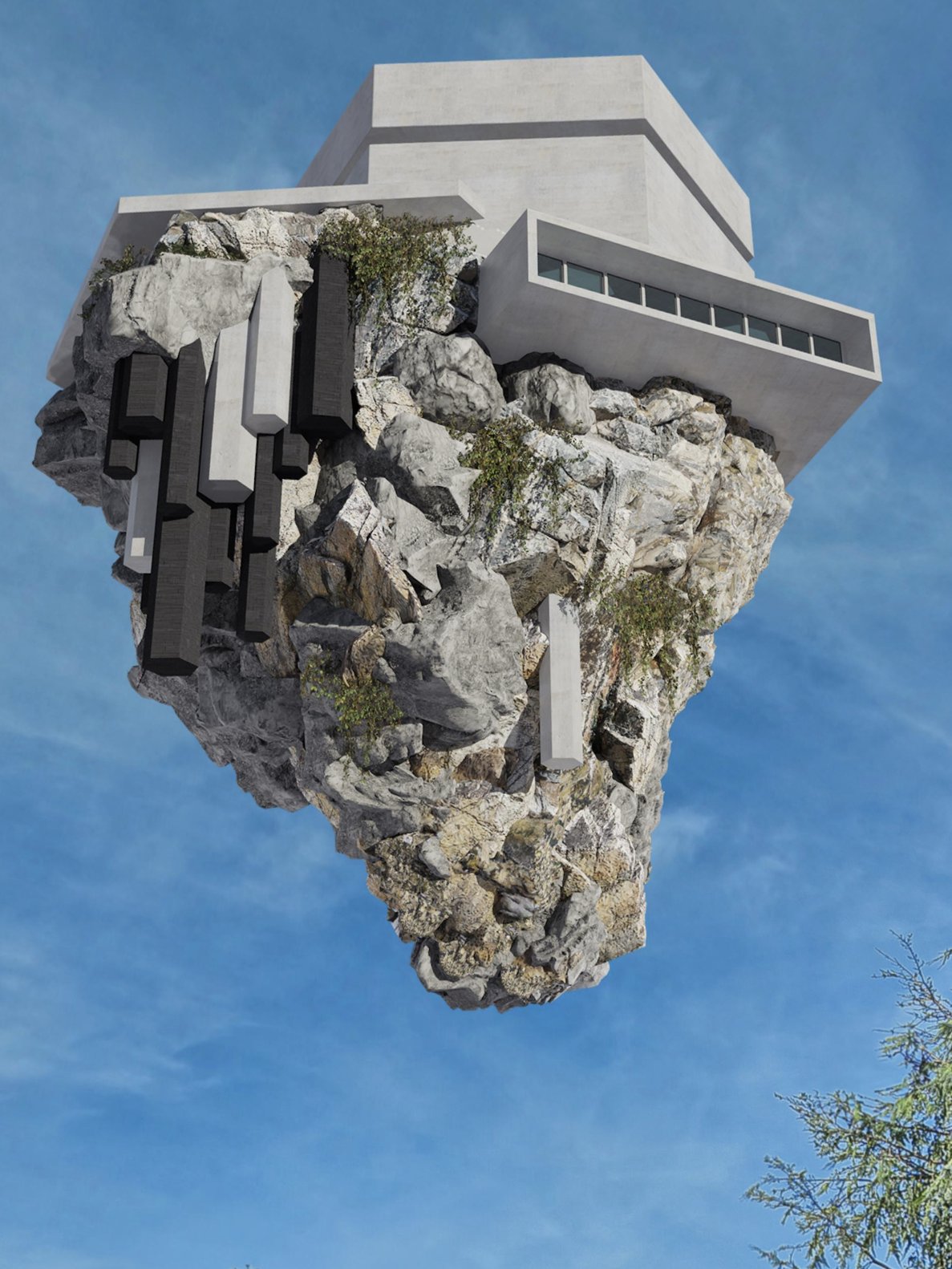 Exhibition motif — a floating rock carrying architecture
