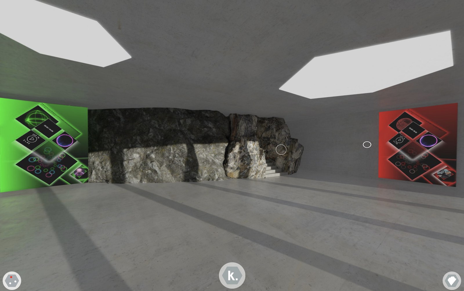 Gallery room with green and red Redefining the Matrix works framing an exposed rock wall