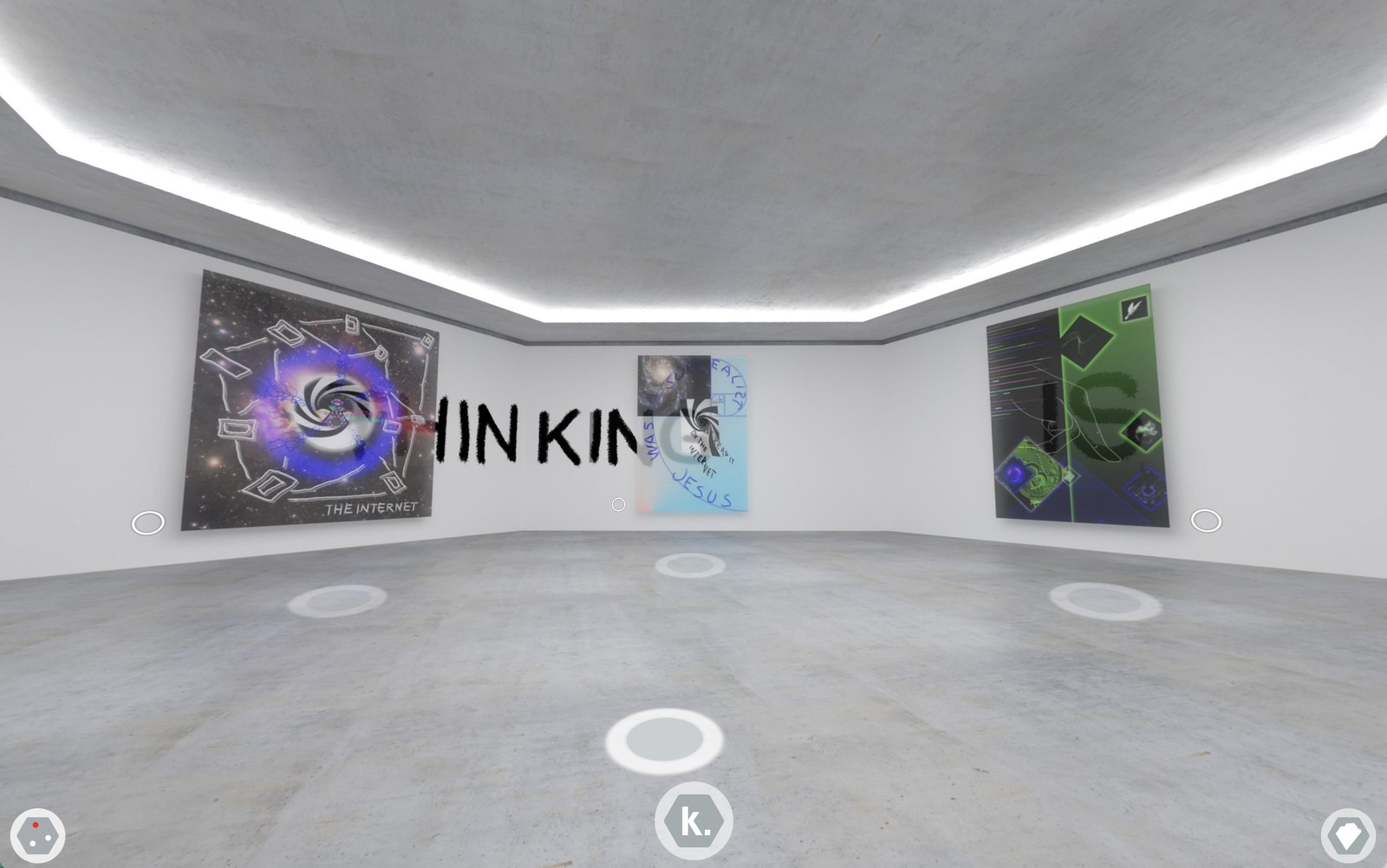 Gallery room with the wall word THINKING, the work THE INTERNET and further Redefining the Matrix works