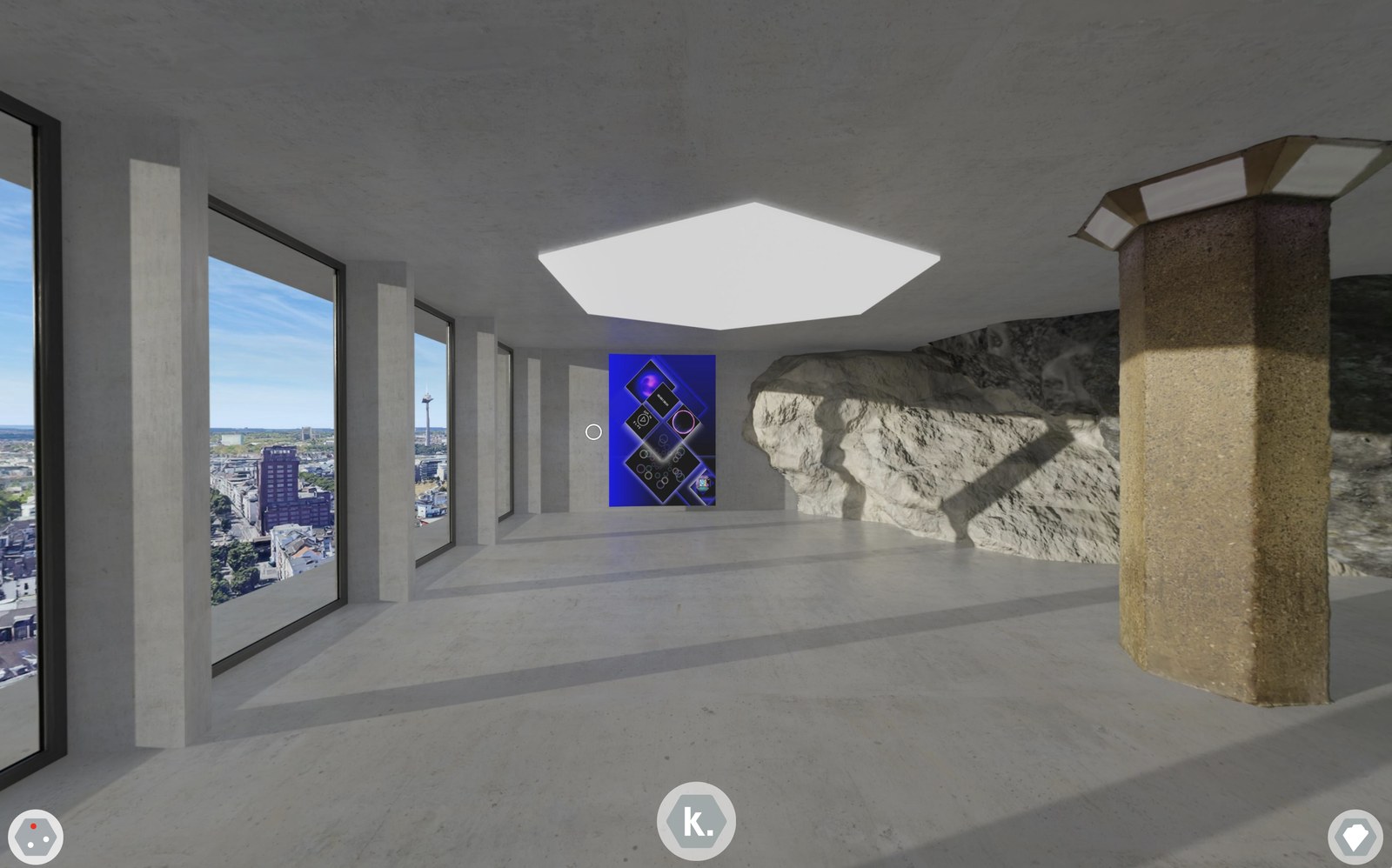 Gallery room with windows onto Cologne, a blue work and a rock outcrop breaking through the wall