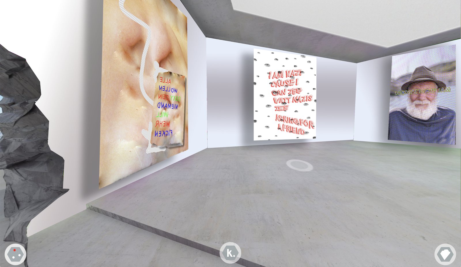 Digital exhibition view at kunsthalle.köln with wall works and wall text