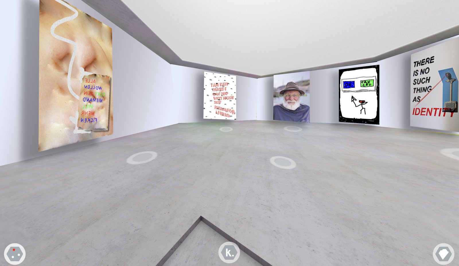 Digital exhibition view with screens and a portrait
