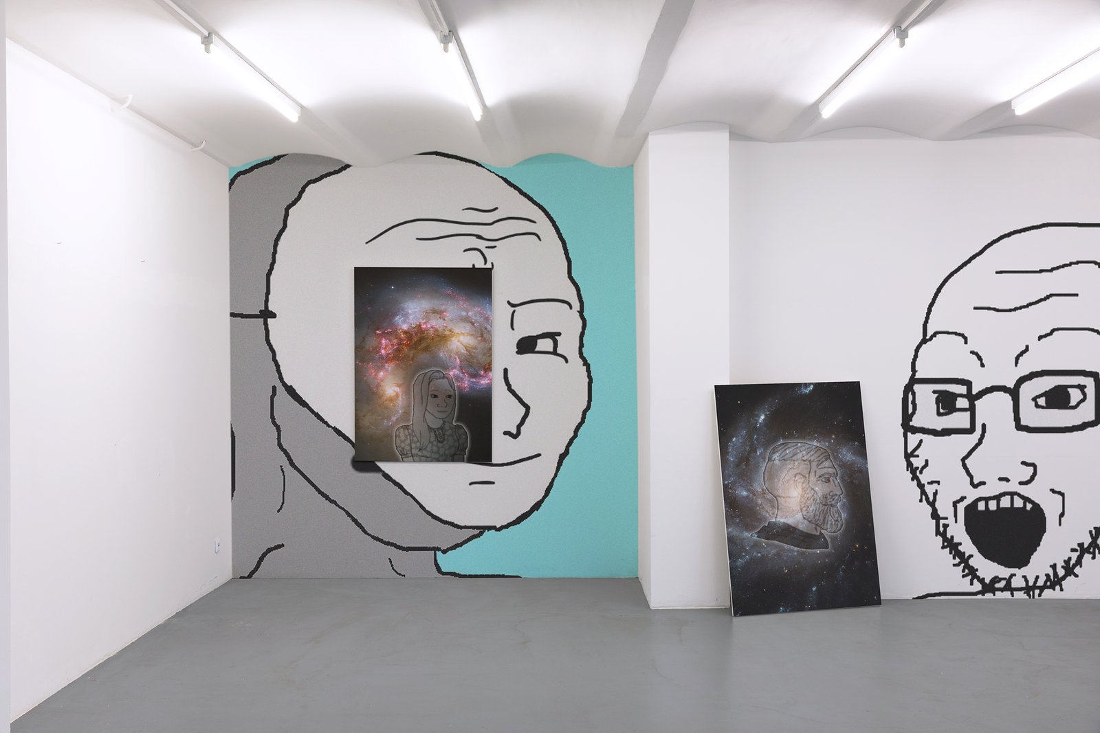 Meme wall with galaxy works between two Soyboy faces