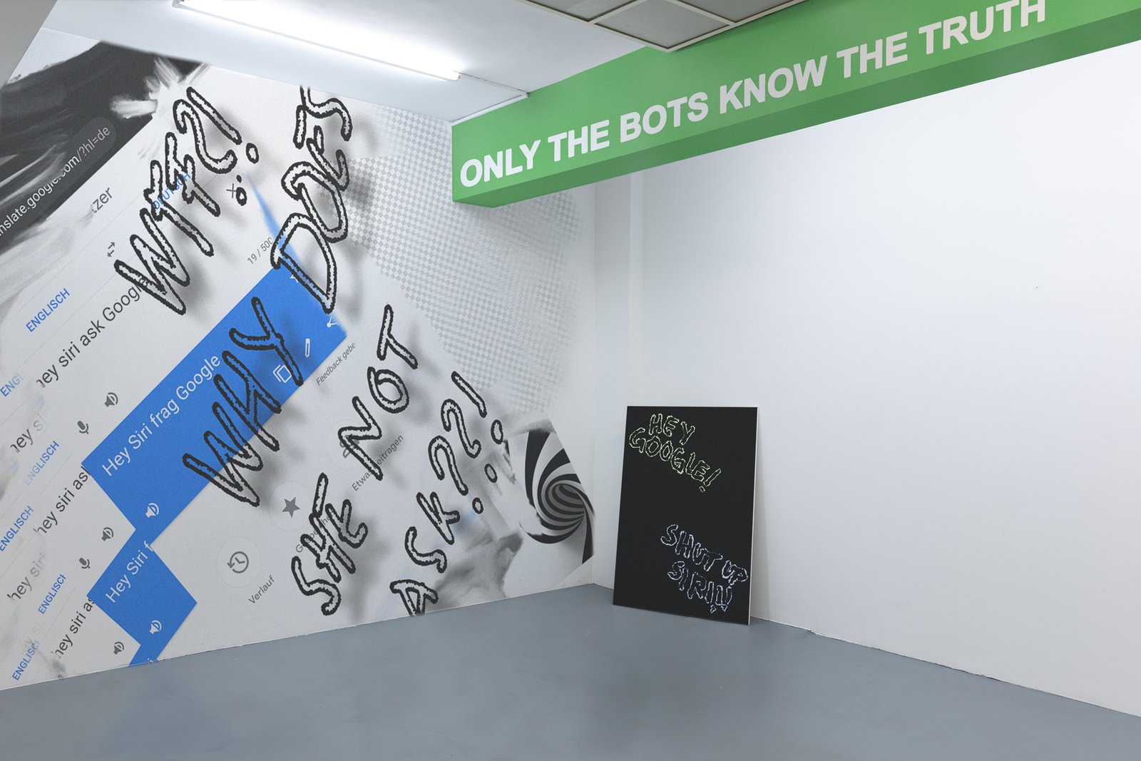 Room corner with ONLY THE BOTS KNOW THE TRUTH and WHY DOES SHE NOT ASK