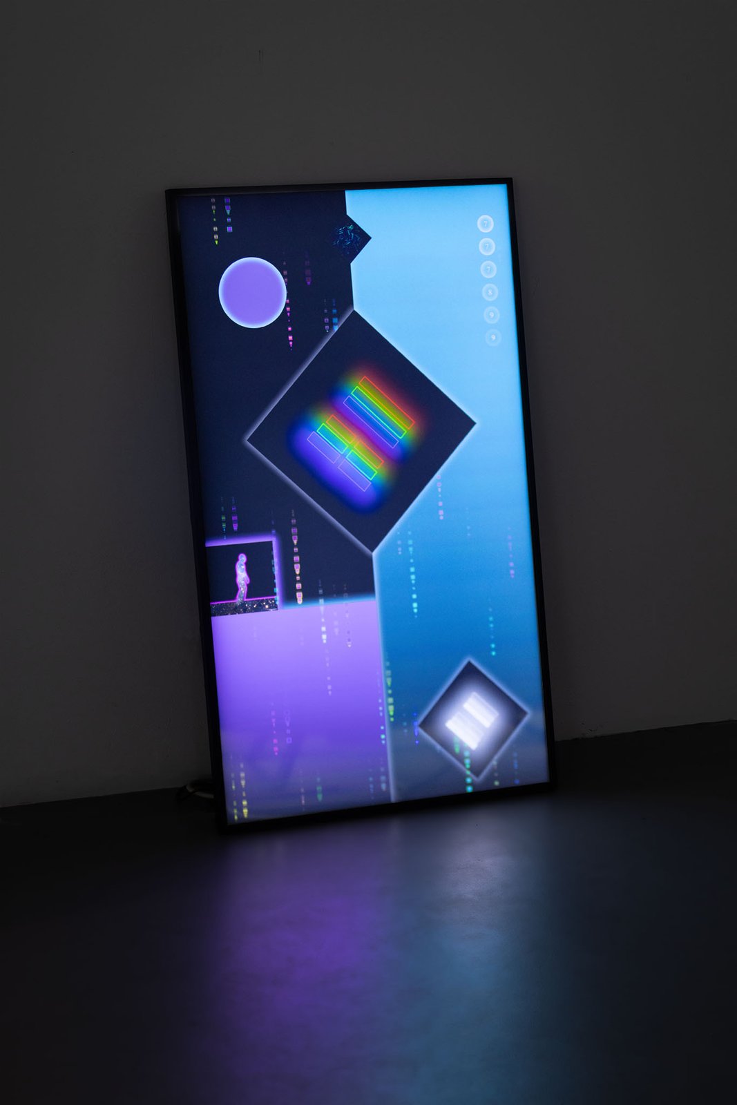 Detail of Kuhlmann's illuminated screen work in blue and purple