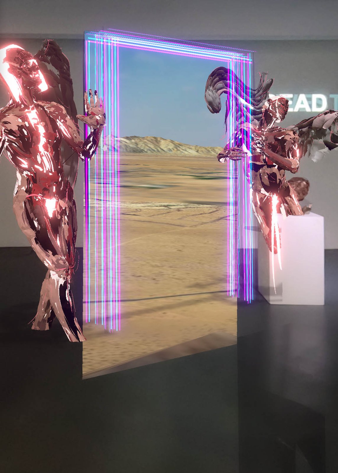Screenshot from Dennis Rudolph's VR work DAS PORTAL — a chrome portal in a desert landscape